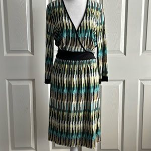 Max and Cleo™️ Size L Faux Wrap Striped Midi Dress with 3/4 Sleeves and Tie